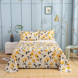 Yellow Fleur Golden Orange Floral Bed Sheets Set, Cottage Botanical Garden Ivory